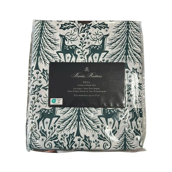 Brooks Brothers Holiday Christmas Print 100% Cotton Full Sheet Set White Green - Picture 2 of 3